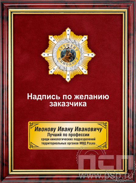 5.7.105.27. Панно с нагрудным знаком "Лучшему кинологу" на бархате в рамке